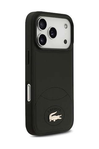 Apple Uyumlu iPhone 17 Pro Kılıf Lacoste Lisanslı M-safe Şarj Özellikli Pu Deri Metal Logolu Kapak Siyah Siyah