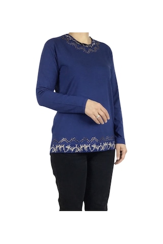 Kadın Yaka Ve Etek Desenli Taşlı Likralı Bluz-arpbattal2 Mavi