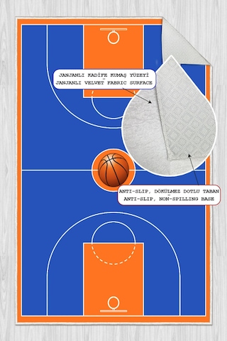Basketbol Sahası Desenli Yıkanabilir Kaymaz Taban Çocuk Oyun Halısı Mavi