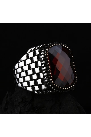 Fkgümüş 925 Ayar Zincir Motifli Kırmızı Taşlı Erkek Gümüş Yüzük