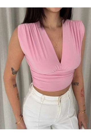 Dogutrend Vatkalı Kolsuz V Yaka Drapeli Crop Bluz Likralı Fit - Pembe