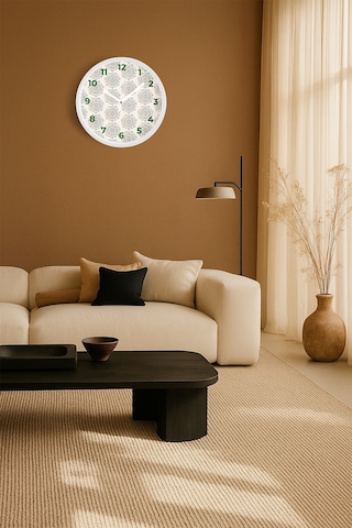 Mandala Tarzı Çiçek Çizimi Modern Duvar Saati - 35cm - Önü Camlı Beyaz Kasa - Sessiz Mekanizma-jh0850 Beyaz