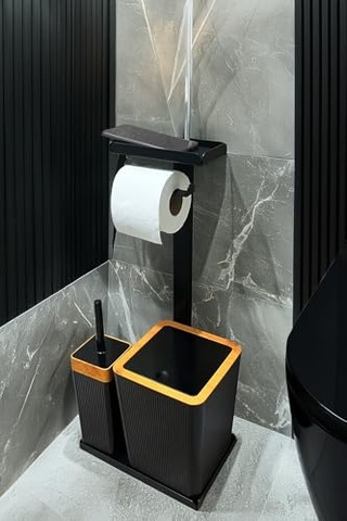 3'ü 1 Arada Banyo Seti Tuvalet Kağıtlık, Çöp Kovası Ve Tuvalet Fırça Takımı Set Çizgili Ahşap Siyah Çok Renkli