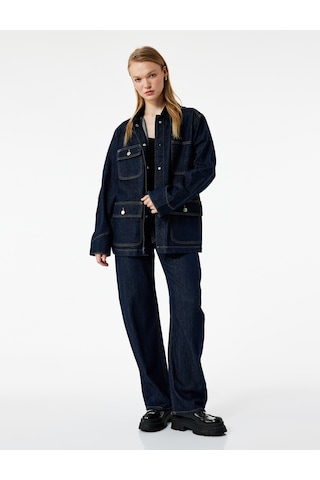 Koton Uzun Kollu Cep Detaylı Gömlek Yaka Denim Ceket Orta İndigo 6wal50008md Indigo