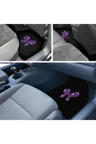 Kadın Sürücülere Özel: Mor Kelebek Zarafeti & Taşlı Siyah Oto Halı Paspas Seti 5 Parça Nakışlı