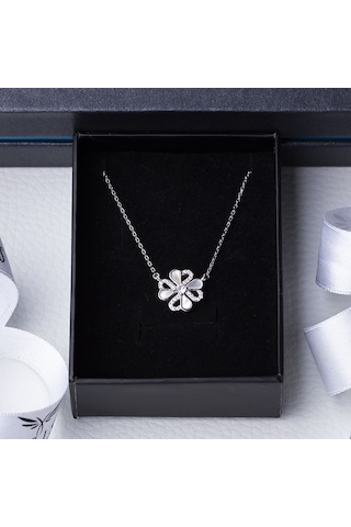 Yonca Model Sedef Zirkon Taşlı 925 Ayar Gümüş Kadın Kolye Gümüş - Rodyum