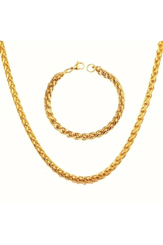 Gold Spiga Model Kalın Burgu Çelik Kolye Ve Bileklik Set 4mm Gold