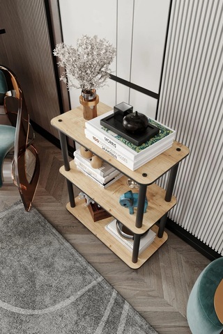 3 Katlı Dekoratif Diktörtgen Kitaplık Meşe Meşe