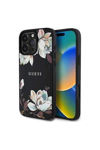Apple Uyumlu iPhone 16 Pro Max Kılıf Guess Lisanslı Magsafe Özellikli Çiçek Tasarımlı Yazı Logolu Kapak Siyah