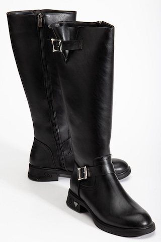 Siyah Kadın Çizme Düz Topuklu Bilek Kemerli-4284 Siyah