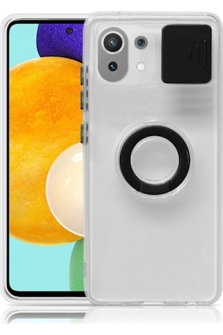 More Tr Xiaomi Mi 11 Lite Kılıf Sürgülü Kamera Lens Korumalı Yüzük Standlı Silikon Kılıf Siyah