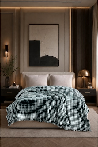 Çift Kişilik Pike Kazayağı Desenli Dekoratif Yatak Örtüsü 200x220 Cm Yeşil