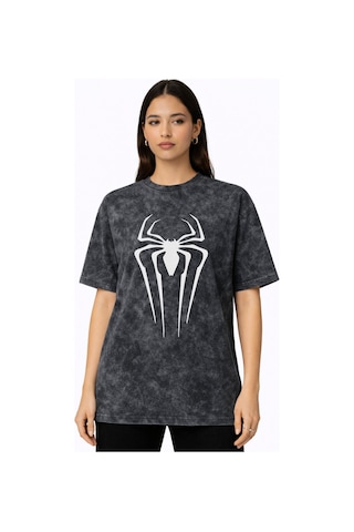 Tasarım Spider-man Logo Örümcek Adam Baskılı Unisex Oversize Vint Siyah