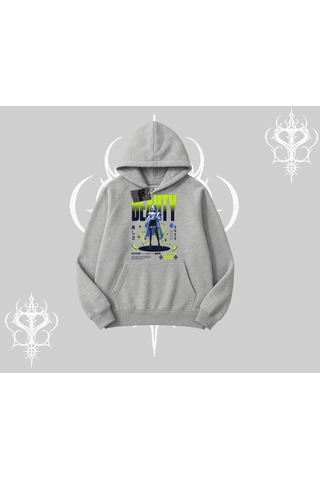 Startmore Kapşonlu Sweatshirt Anime Unity Neon Detaylı Grafik Baskılı Gri