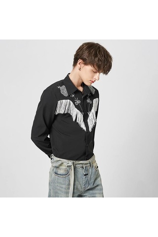 İncerun Bahar Erkek Püskül Baskılı Uzun Kollu Gömlek Salaş Siyah