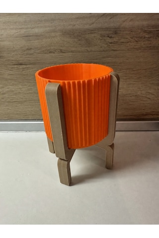 Vaveni 3d Baskı Ayaklı Çizgili Saksı - Bej Standlı Dekoratif Saksı - Turuncu Arz