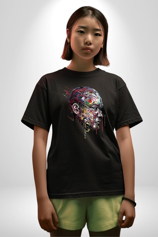 İnsan Kafası Sulu Boya Pamuklu Bisiklet Yaka Unisex Oversize Boyfriend Dijital Baskılı Siyah T-shirt Siyah