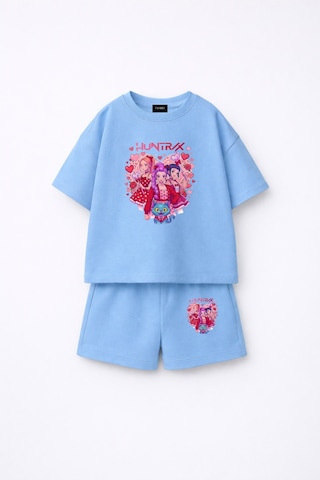Fasardi Kpop Demon Hunters Huntrix Zoey Rumi Mira Baskılı Oversize %100 Pamuk Tişört Şort Çocuk Takım Mavi