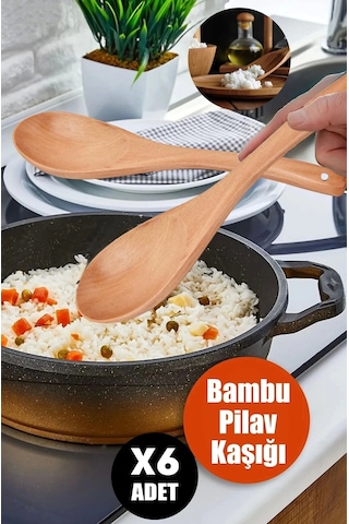 6'lı Büyük Boy Lüx Bambu Pilav Kaşığı Ergonomik Askı Kancalı Mutfak Classic Ahşap Tahta Kaşık Seti