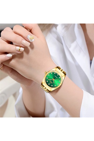 Springsun Kadınlar Klasik Kuvars Saat, Paslanmaz Çelik Kordon, Parlak İşaretçiler, 30m Su Geçirmez, Yeşil Dial, Günlük Ve İş Giyimi Altın - Beyaz