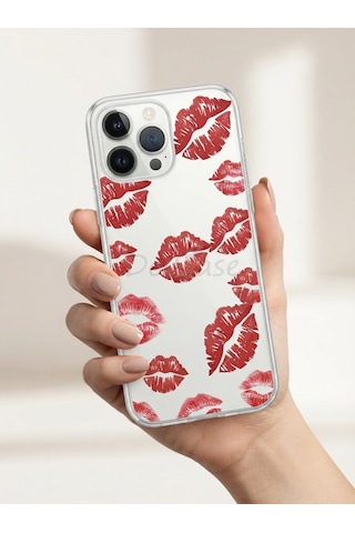 Hepsi Apple İphone Uyumlu 13 Pro Max Kırmızı Dudak / Öpücük Desenli Şeffaf Telefon Kılıfı Najmaddin Çok Renkli