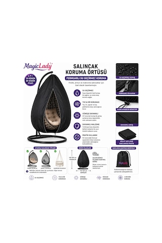 Fermuarlı Salıncak Koruma Örtüsü Su Geçirmez Fındık Armut Makrome Salıncak Koruyucu Kılıf Siyah
