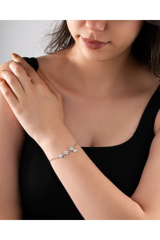 925 Ayar Rodyum Üçlü Çiçek Kalp Charm Gümüş Bileklik Gümüş - Rodyum