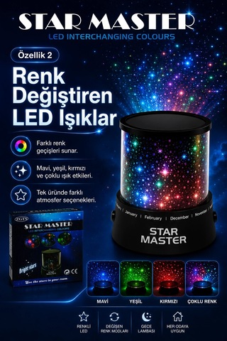 Oda İçin Yıldız Efektli Led Gece Lambası Renkli Işık Yansıtan Dekoratif Projektör Çok Renkli