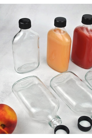 6'lı Sızdırmaz Siyah Kapaklı Cam Detoks Şişesi Cold Brew Yassı Şişe Seti - 200 Ml Şeffaf