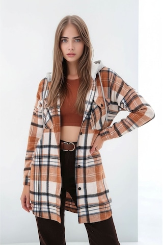 Mamayaga Kadın Desen Bloklu Oduncu Oversize Geniş Kalıp Casual Cepli Kapüşonlu Uzun Boy Ceket Gömlek Kahverengi