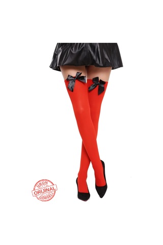 Heleni Siyah Fiyonklu Diz Üstü Kırmızı Çorap