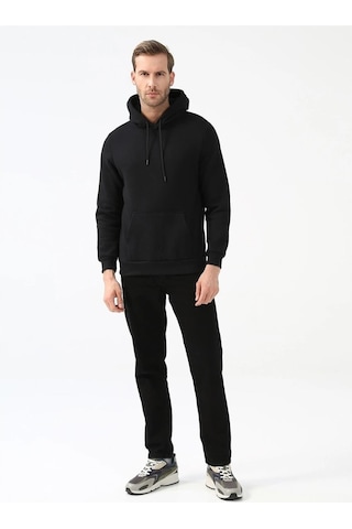 Süvari Kapüşonlu Yaka Regular Kalıp Düz Siyah Sweatshirt Siyah