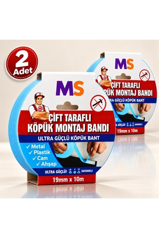 2 Adet Ultra Güçlü Çift Taraflı Köpük Montaj Bandı 19 Mm X 10 Mt Metal Plastik Cam Bantı Bantları