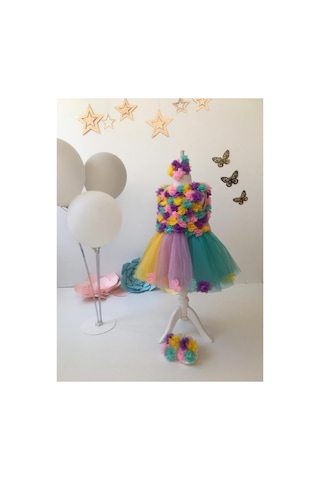 Hayy Baby Kids Wear Renkli Tüllü Çiçekli Tütü Elbise Lila Yeşil Pembe Sarı