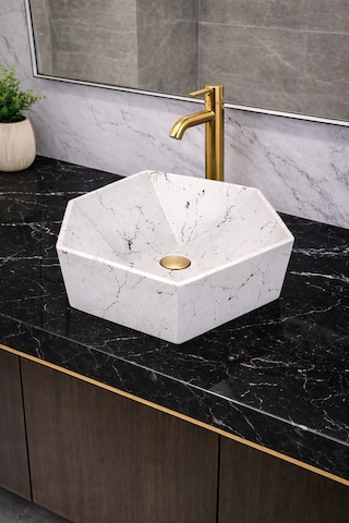 Mermer Desenli Tezgah Üstü Altıgen Taş Lavabo 45 X 16 Cm Beyaz