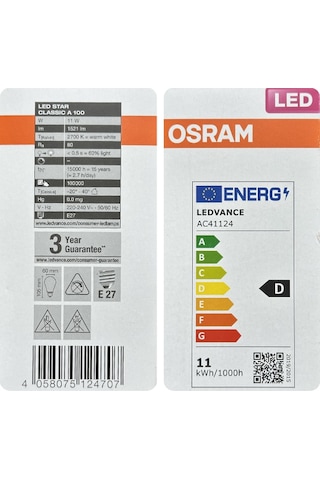 2 Adet Ledvance 11w Sarı Işık 2700k E27 Duylu Kalın Duy Filament Led Ampul
