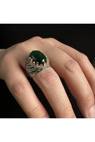 925 Ayar Gümüş Yeşil Kaptan Gözü Taşlı Mineli Erkek Yüzük Gümüş
