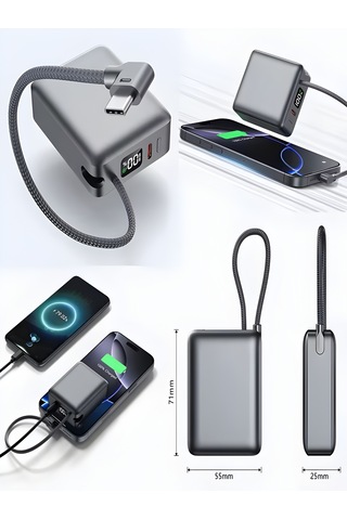 20w Hızlı Şarj Powerbank 10000mah Lcd Ekranlı, Dahili Type-c Girişli Kablolu Taşınabilir Şarj Rose Gold