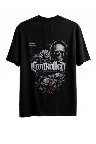 Sırt Baskılı %100 Pamuk Oversize T-shirt Controlled Antrasit - Siyah