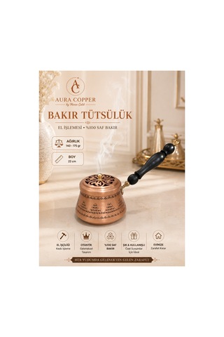 Bakır Tütsülük Ahşap Saplı El İşlemeli Dekoratif Tütsü Kabı 22 Cm - Bakır Bileklik Hediyedir