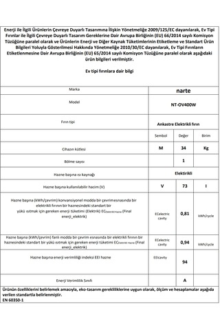 Narte NT-OV400W 73 LT Ankastre Fırın Beyaz