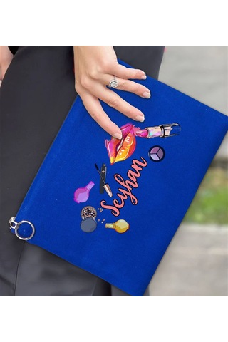 Bk Gift Kişiye Özel İsimli-4 Astarlı Mavi Portföy Çanta 30x21cm, Baskılı El Çantası, Organizer Çanta