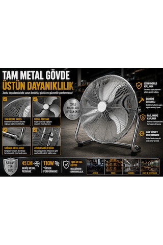 45 Cm Metal Sanayi Tipi Yer Vantilatörü 110w 3 Kademeli Güçlü Endüstriyel Fan Tam Metal Gövde