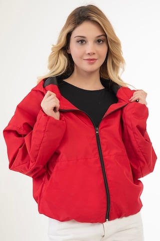 Riverstorm Kadın Kırmızı Su Ve Rüzgar Geçirmez Kapüşonlu Cepli Oversize Yağmurluk - Rüzgarlık Kırmızı
