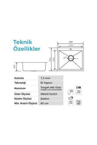 Crauf Poli 6301 Pvd Füme Tek Gözlü 51x58 Cm Paslanmaz Çelik Mutfak Eviyesi Füme