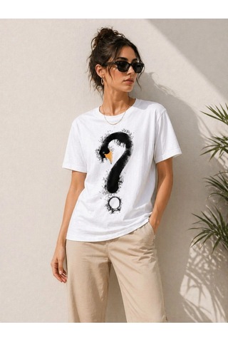 Wear Vexel Kadın Kuğu Figürlü Soru İşareti Baskılı Tişört Kısa Kol T-shirt - Beyaz Beyaz