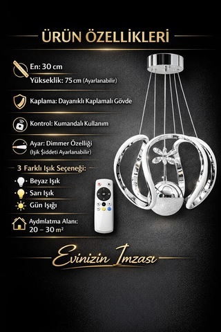 Riko Tek Toplu Led Avize 3 Renk Led Isıklı Kumandalı Modern Avize Salon Avize Krom