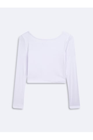 LTB Uzun Kollu Kayık Yaka Crop Beyaz Sweatshırt Beyaz
