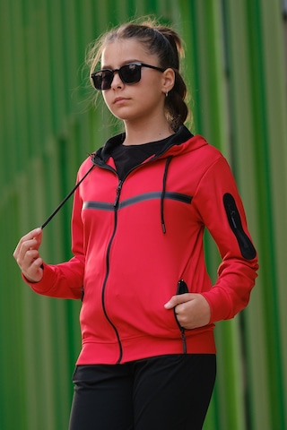 Pina Kids Kız Çocuk Kolu Cepli Şerit Baskılı Kapüşonlu Dalgıç Kumaş Eşofman Takımı Esf7031 Kırmızı