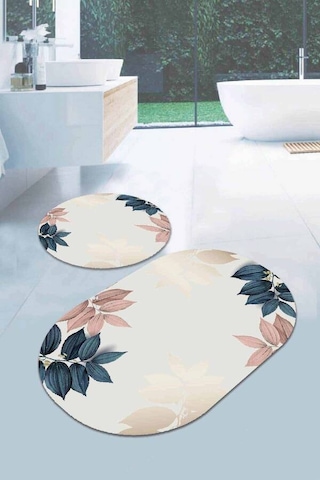 Krem Yapraklı Banyo Halısı Klozet Oval Paspas Seti Bs094n11